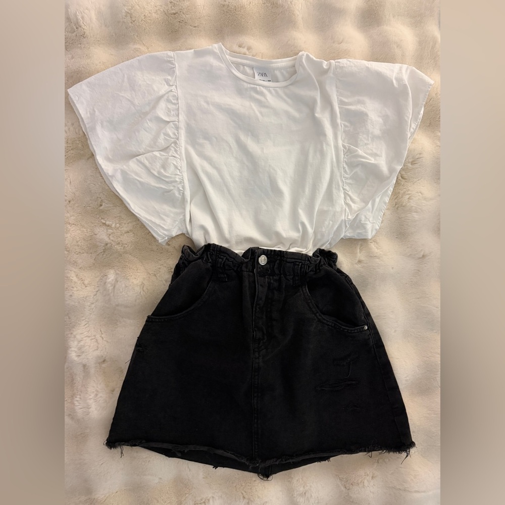Zara White Ruffle Sleeve Tee with Black Denim Skirt Set